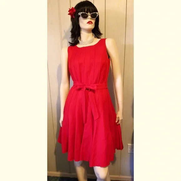 ❤️Calvin Klein Retro Red Fit & Flare Full Circle Skirt Party Dress - Picture 4 of 10